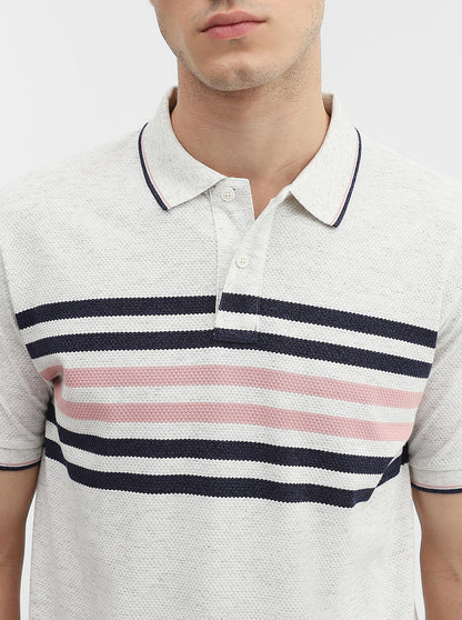 Ecru Grey & Blue Striped Slim Fit Polo T-Shirt | Greenfibre