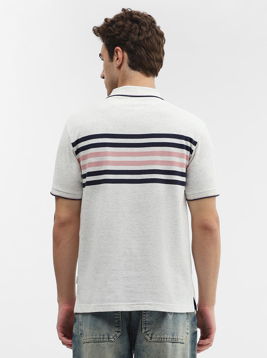 Ecru Grey & Blue Striped Slim Fit Polo T-Shirt | Greenfibre
