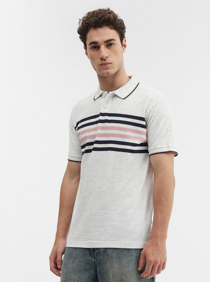 Ecru Grey & Blue Striped Slim Fit Polo T-Shirt | Greenfibre