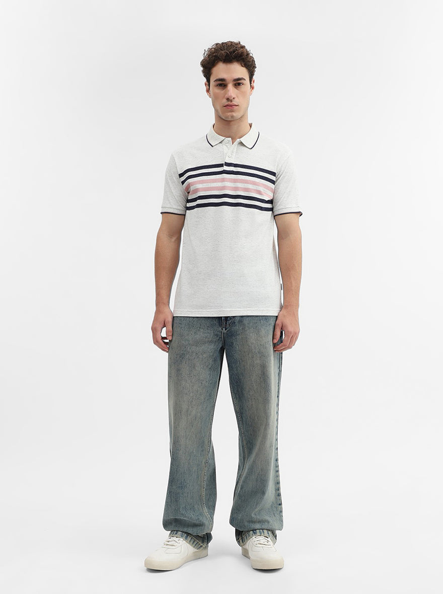 Ecru Grey & Blue Striped Slim Fit Polo T-Shirt | Greenfibre