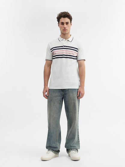 Ecru Grey & Blue Striped Slim Fit Polo T-Shirt | Greenfibre