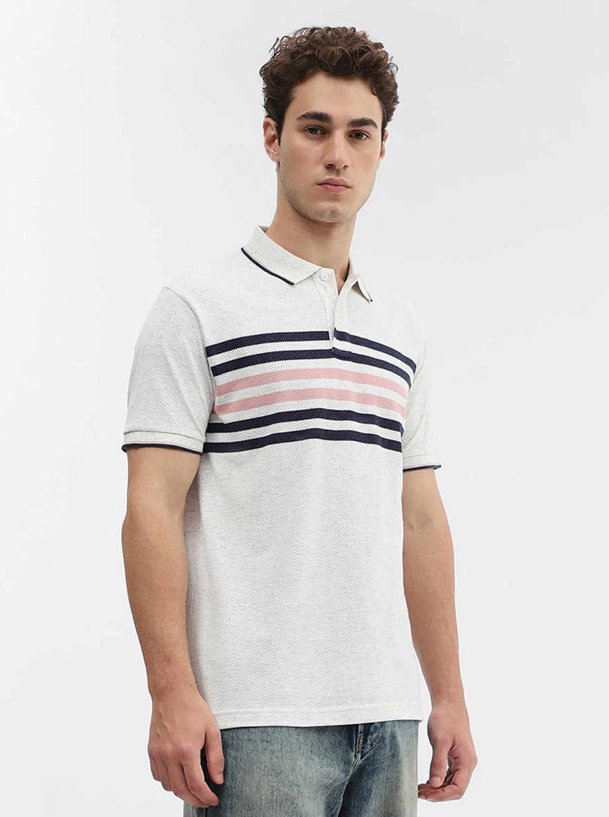 Ecru Grey & Blue Striped Slim Fit Polo T-Shirt | Greenfibre
