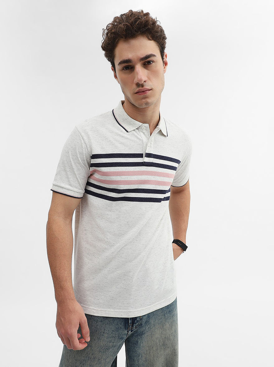 Ecru Grey & Blue Striped Slim Fit Polo T-Shirt | Greenfibre