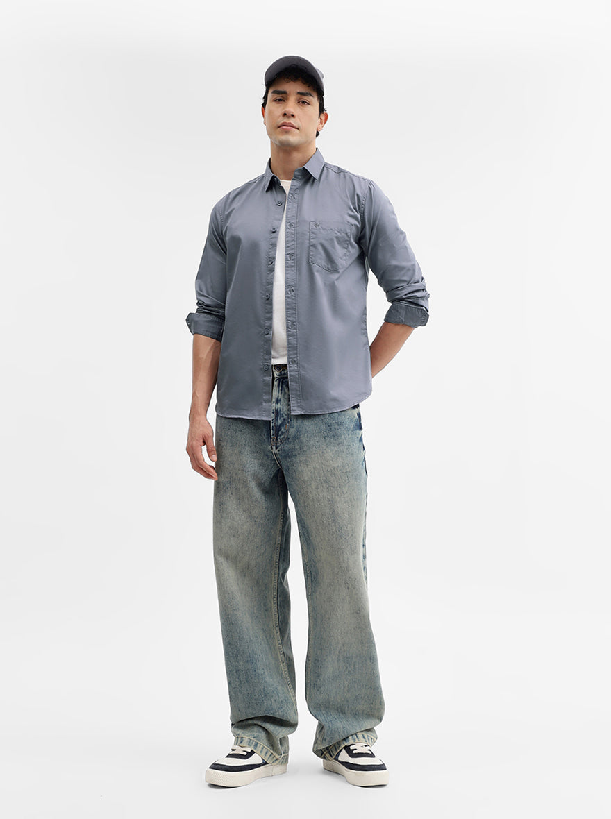 Grey Solid Slim Fit Casual Shirt | Greenfibre