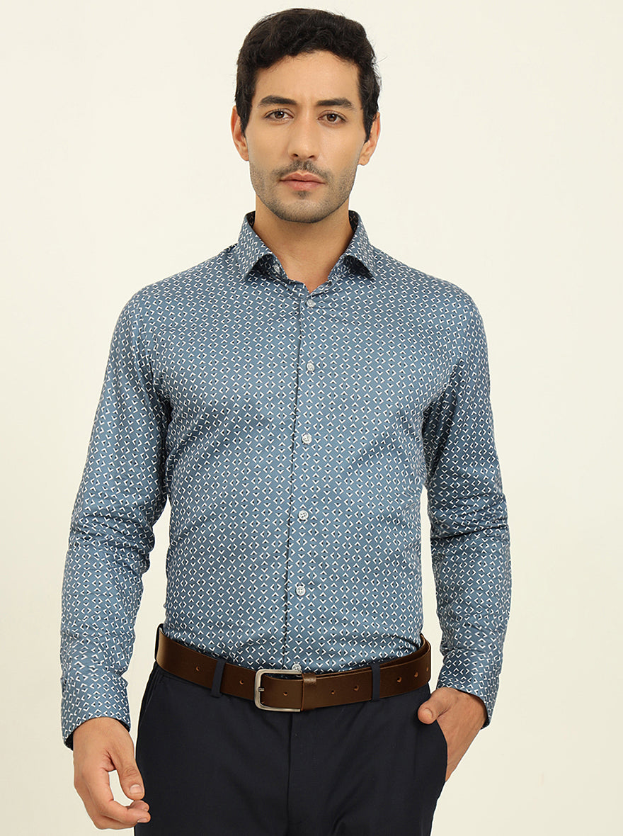 Blue Printed Slim Fit Formal Shirt | Metal