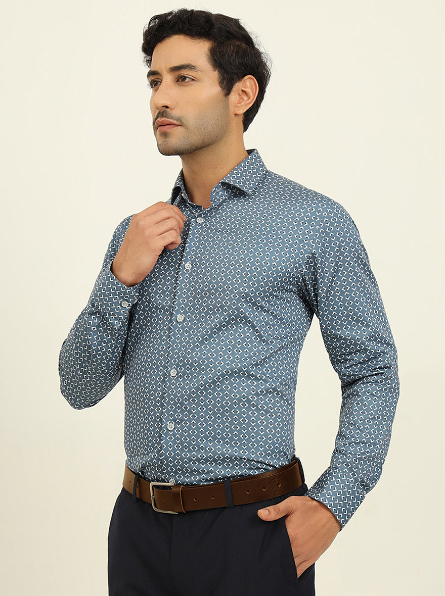 Blue Printed Slim Fit Formal Shirt | Metal