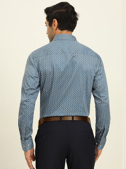 Blue Printed Slim Fit Formal Shirt | Metal