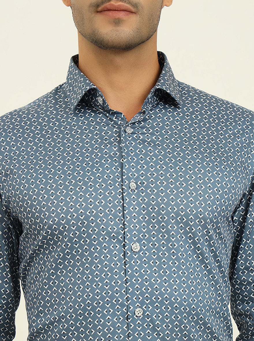 Blue Printed Slim Fit Formal Shirt | Metal