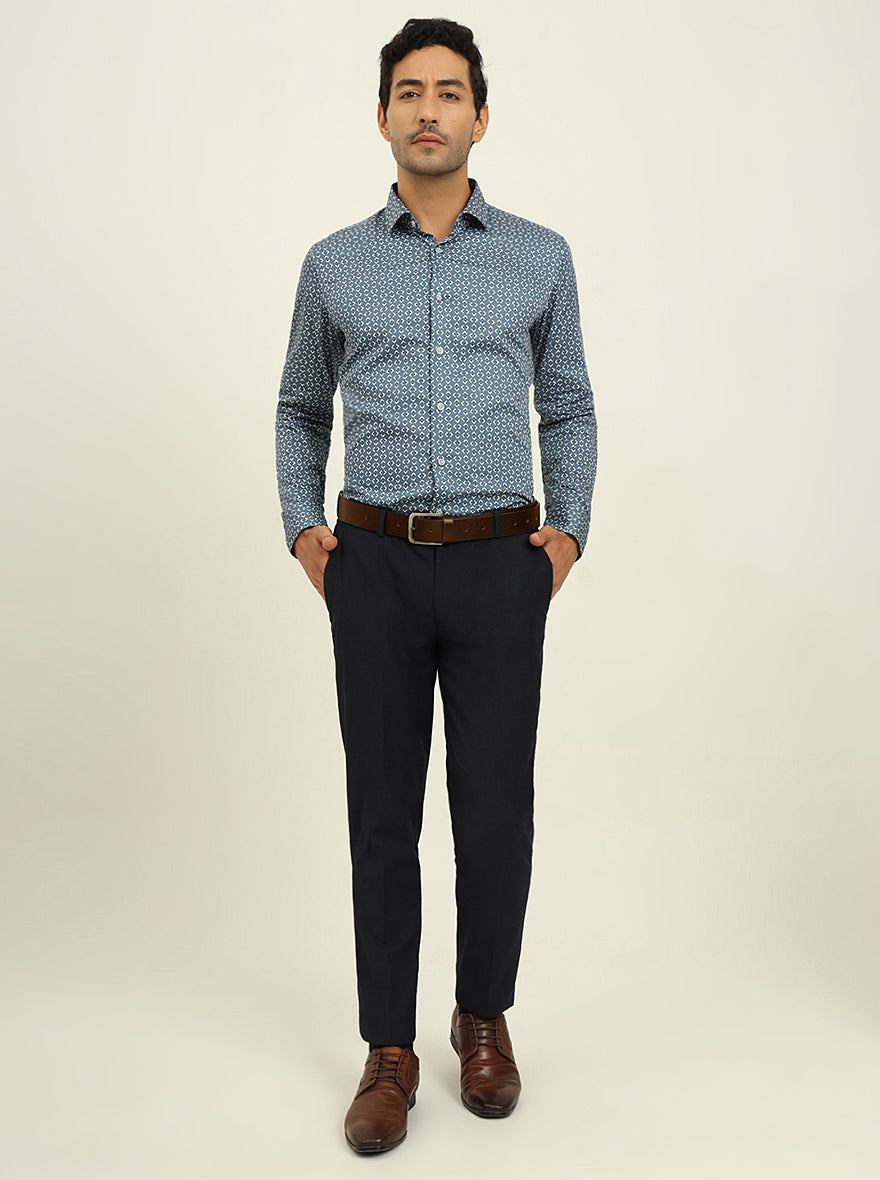 Blue Printed Slim Fit Formal Shirt | Metal