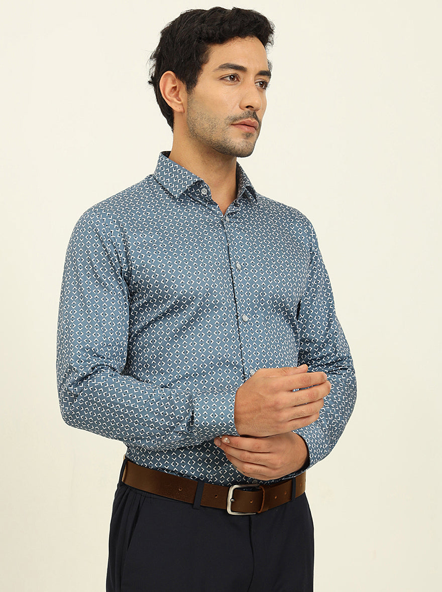 Blue Printed Slim Fit Formal Shirt | Metal