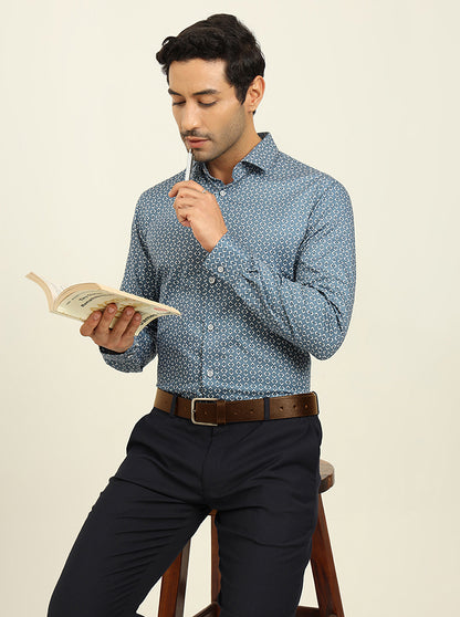 Blue Printed Slim Fit Formal Shirt | Metal