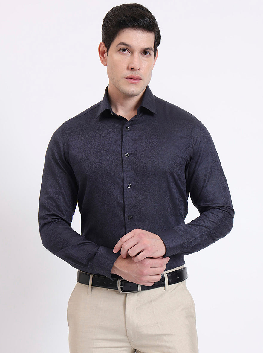 Navy Blue Solid Slim Fit Party Wear Shirt | Wyre