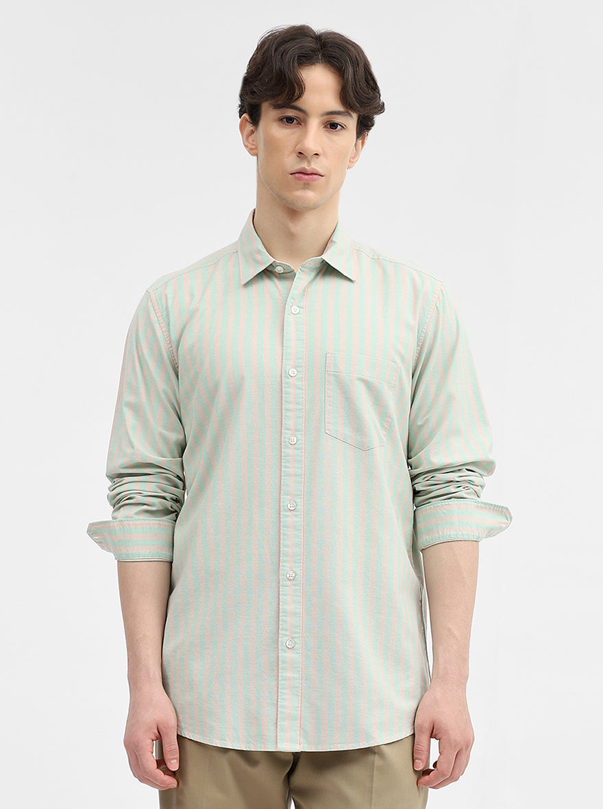 Green & Peach Striped Slim Fit Casual Shirt | JadeBlue