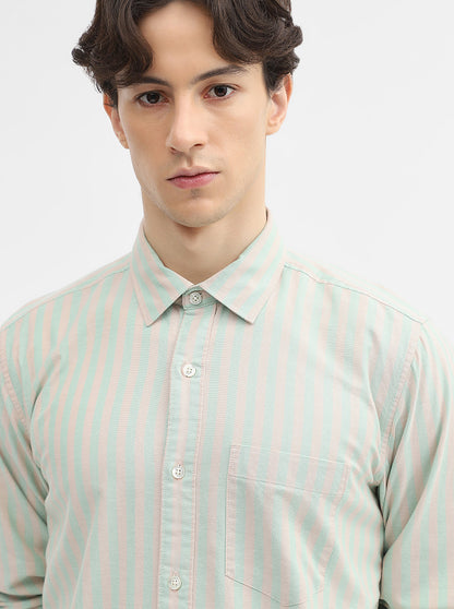 Green & Peach Striped Slim Fit Casual Shirt | JadeBlue