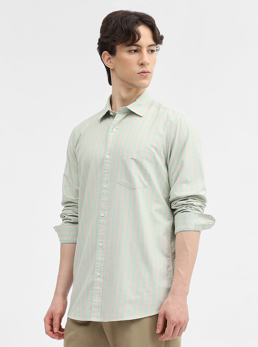Green & Peach Striped Slim Fit Casual Shirt | JadeBlue