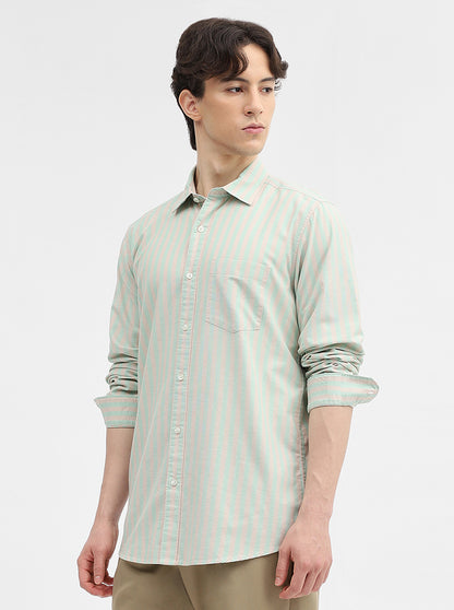 Green & Peach Striped Slim Fit Casual Shirt | JadeBlue