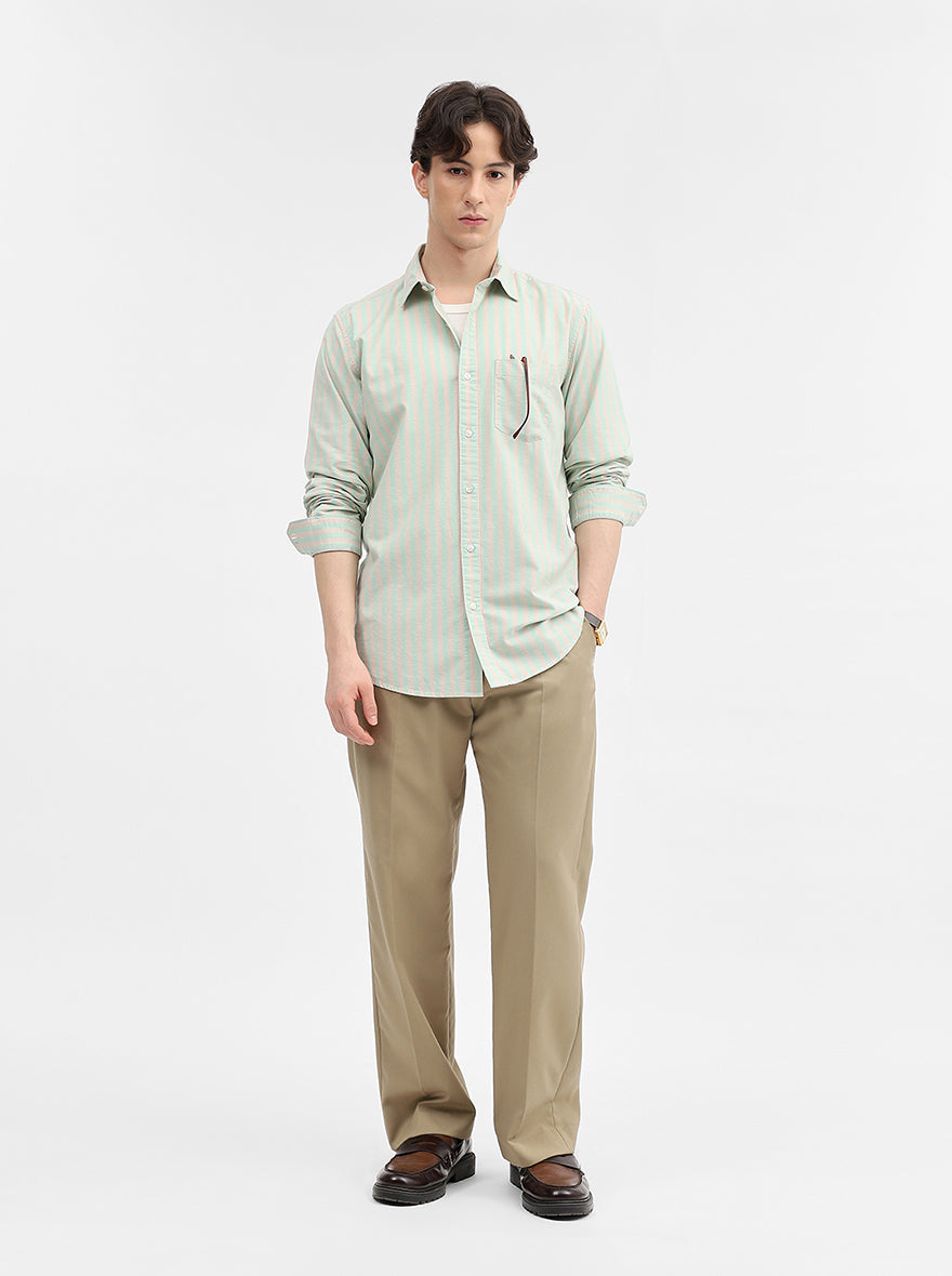 Green & Peach Striped Slim Fit Casual Shirt | JadeBlue