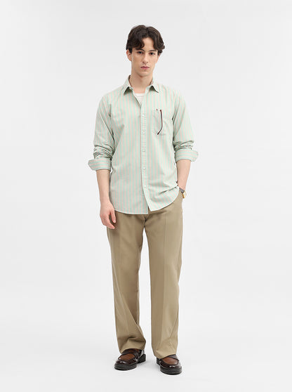 Green & Peach Striped Slim Fit Casual Shirt | JadeBlue