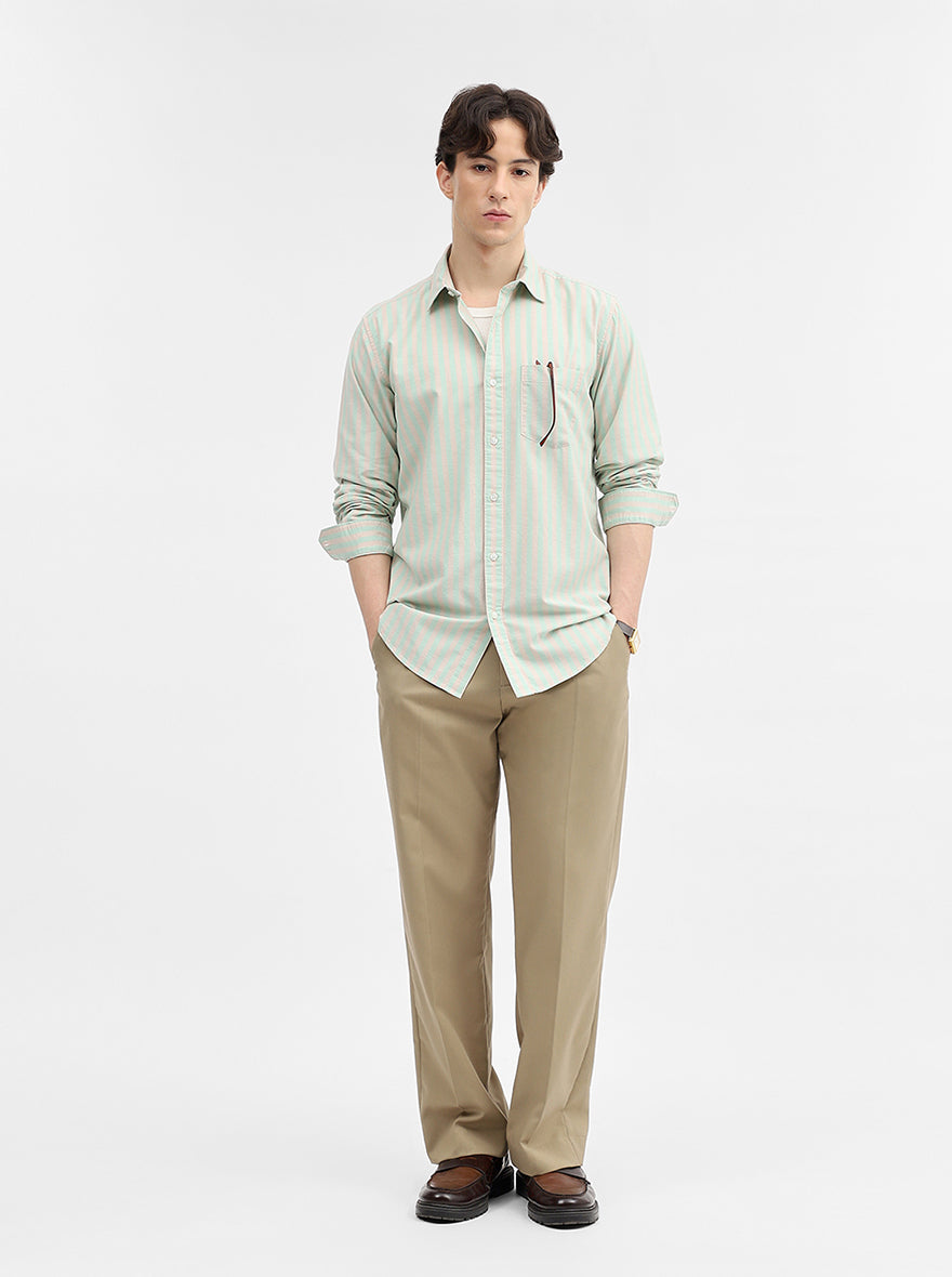 Green & Peach Striped Slim Fit Casual Shirt | JadeBlue