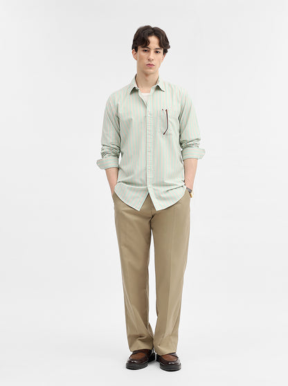 Green & Peach Striped Slim Fit Casual Shirt | JadeBlue