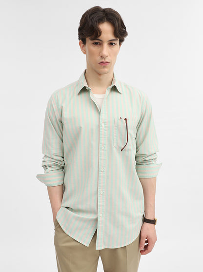Green & Peach Striped Slim Fit Casual Shirt | JadeBlue