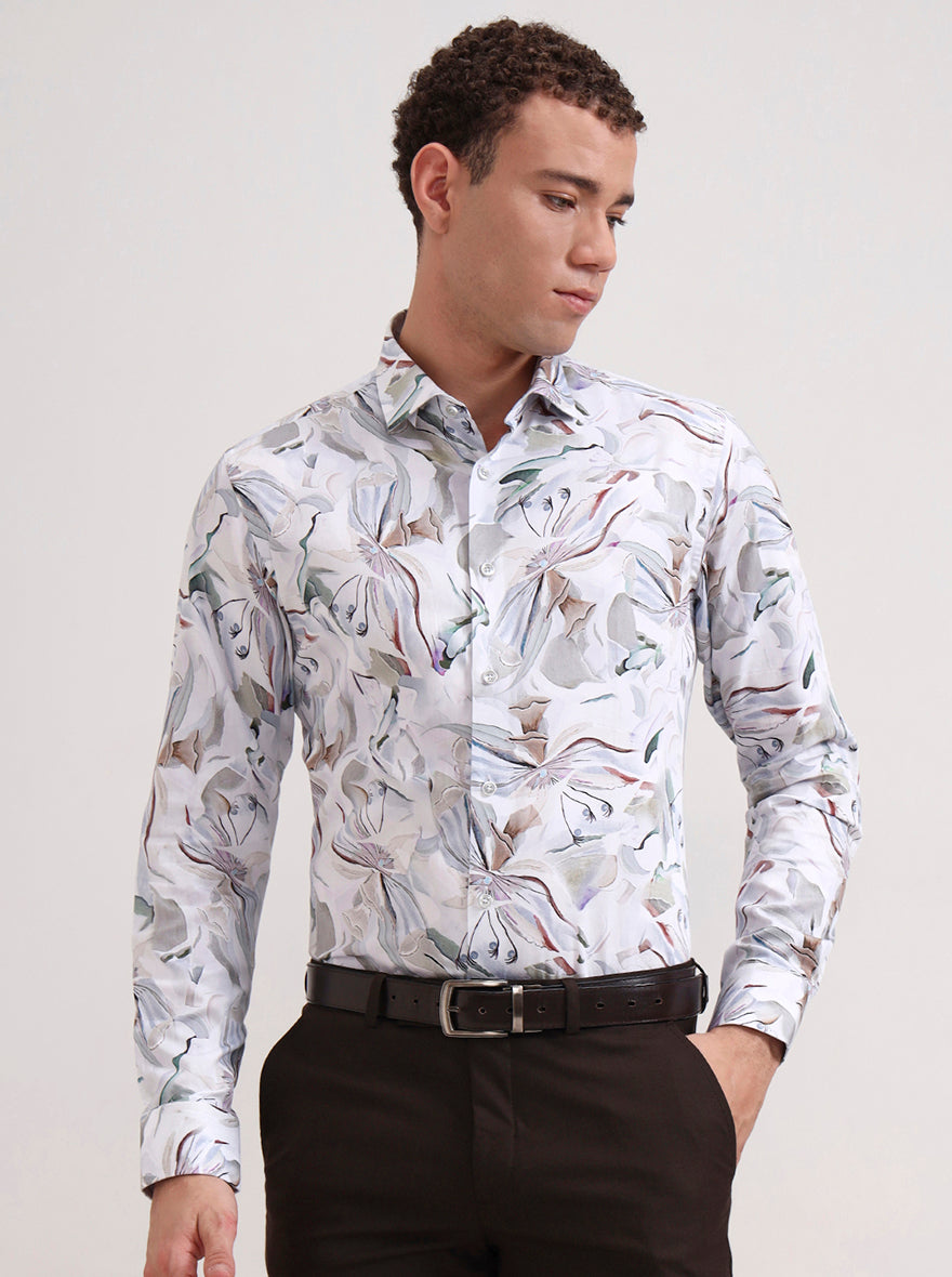 White & Beige Printed Slim Fit Party Wear Shirt | Wyre