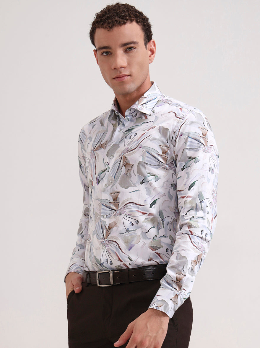 White & Beige Printed Slim Fit Party Wear Shirt | Wyre