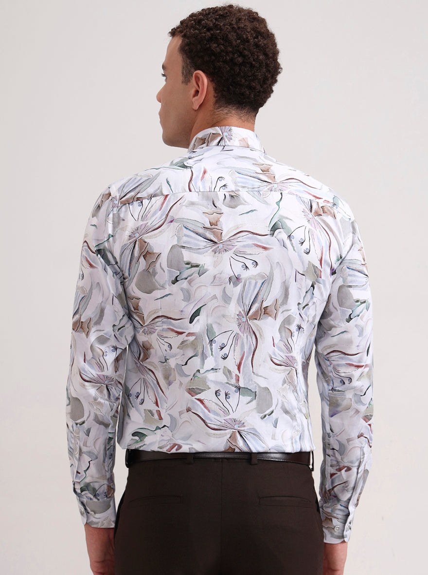 White & Beige Printed Slim Fit Party Wear Shirt | Wyre