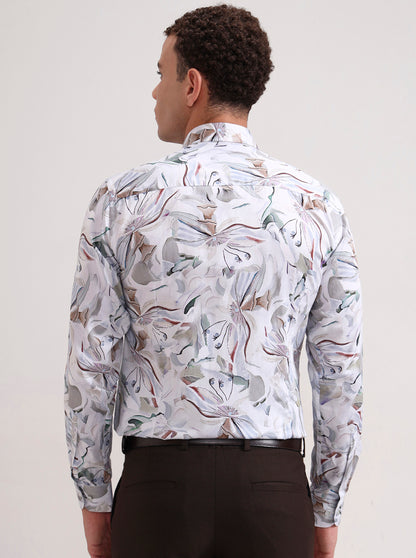 White & Beige Printed Slim Fit Party Wear Shirt | Wyre