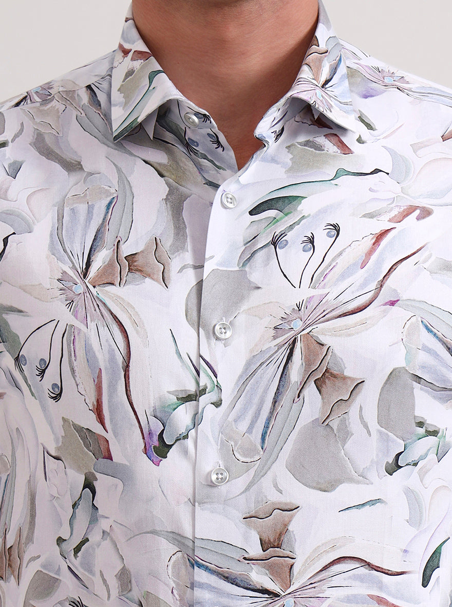 White & Beige Printed Slim Fit Party Wear Shirt | Wyre