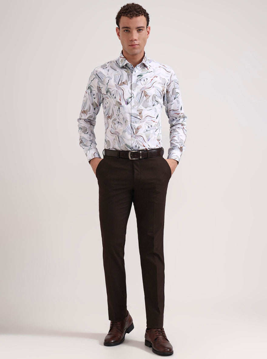 White & Beige Printed Slim Fit Party Wear Shirt | Wyre