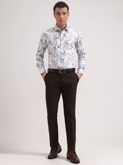 White & Beige Printed Slim Fit Party Wear Shirt | Wyre