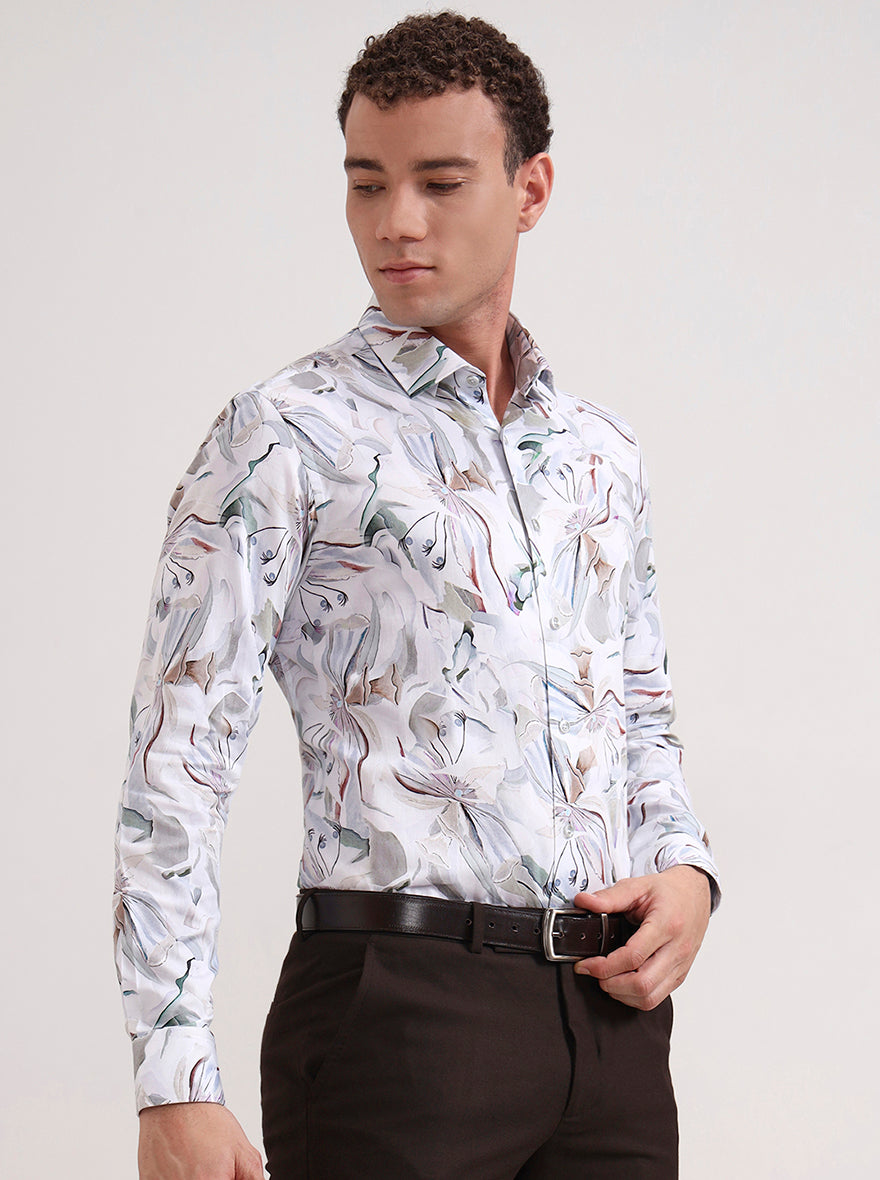 White & Beige Printed Slim Fit Party Wear Shirt | Wyre