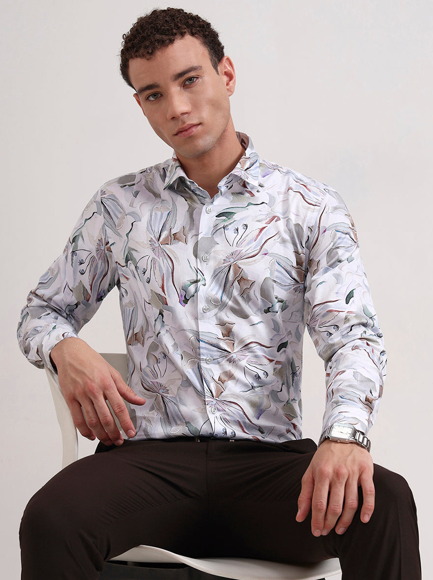 White & Beige Printed Slim Fit Party Wear Shirt | Wyre