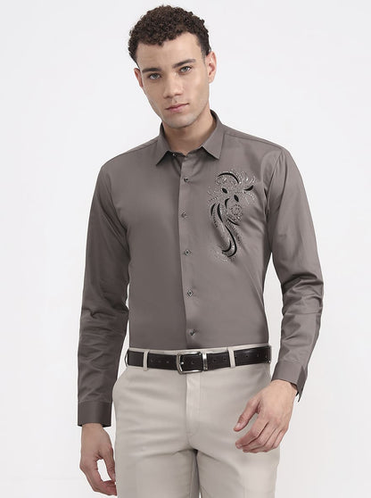 Brown Printed Slim Fit Party Wear Shirt | Wyre