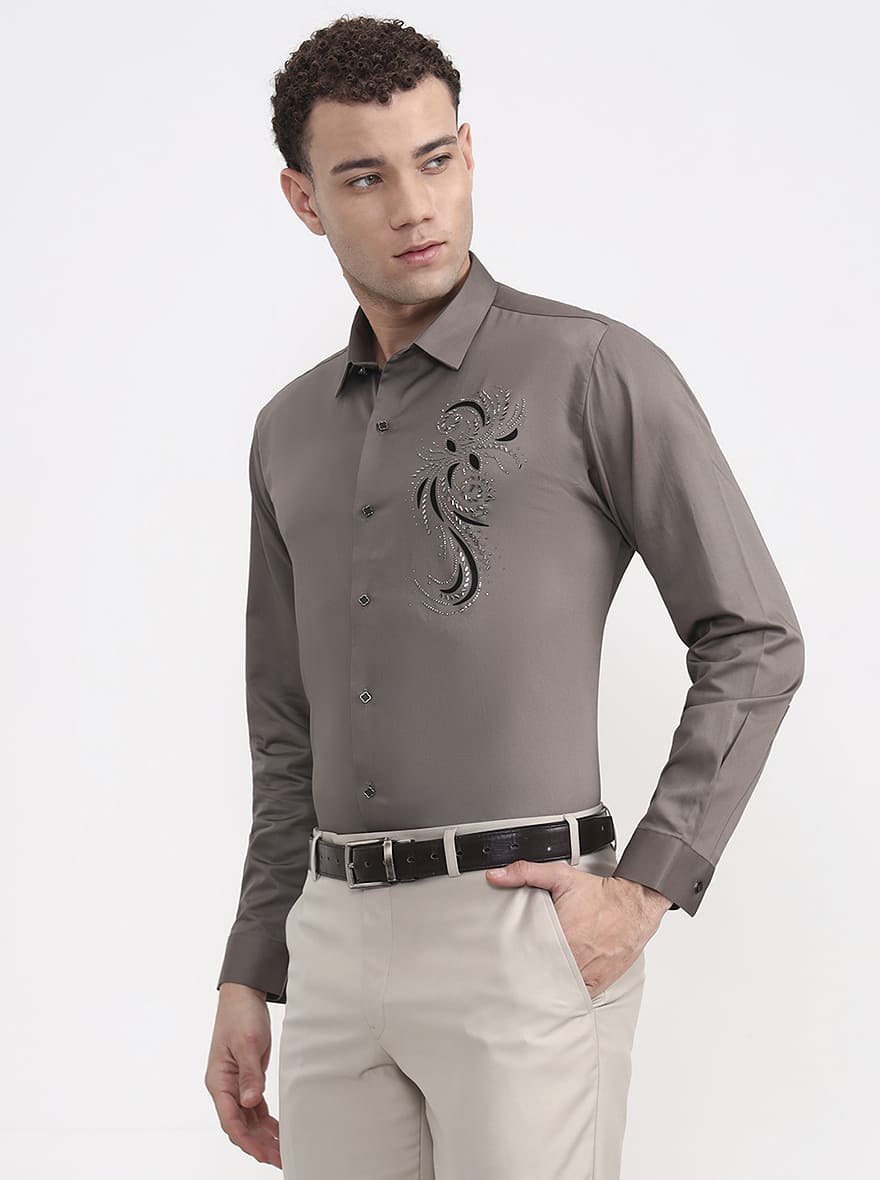 Brown Printed Slim Fit Party Wear Shirt | Wyre