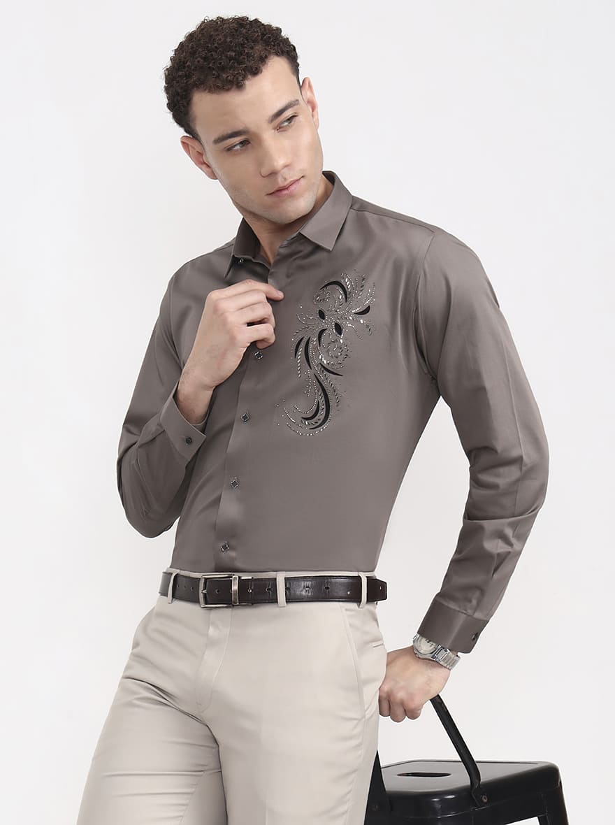 Brown Printed Slim Fit Party Wear Shirt | Wyre