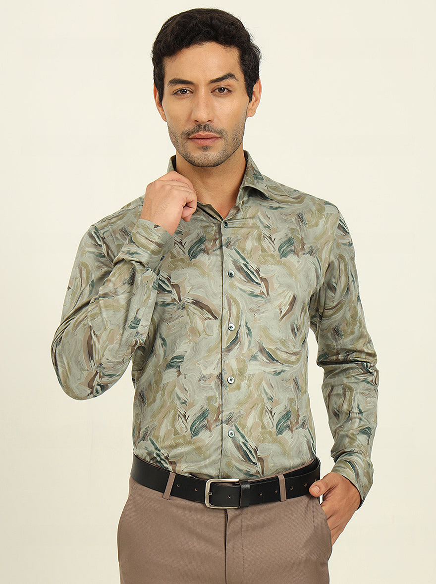Pista Green Printed Slim Fit Party Wear Shirt | Wyre