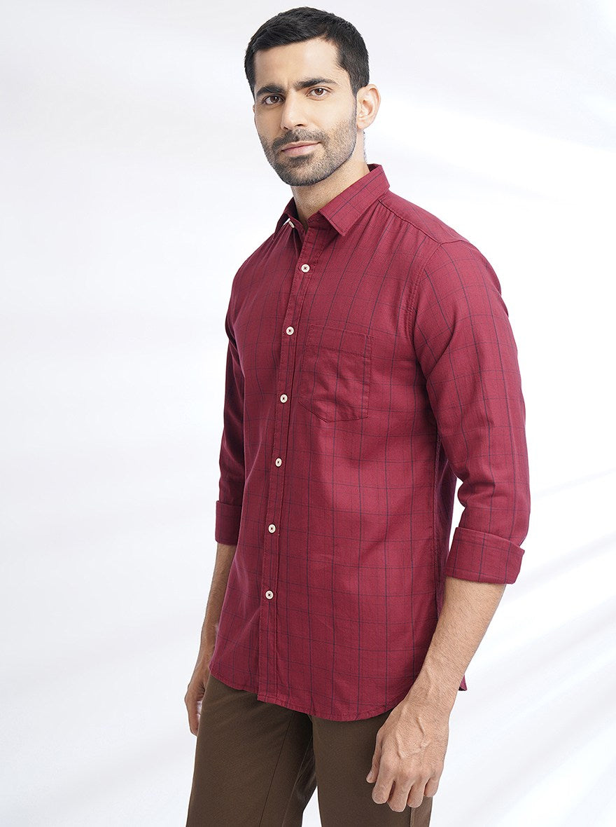 Maroon Checked Slim Fit Casual Shirt | JadeBlue