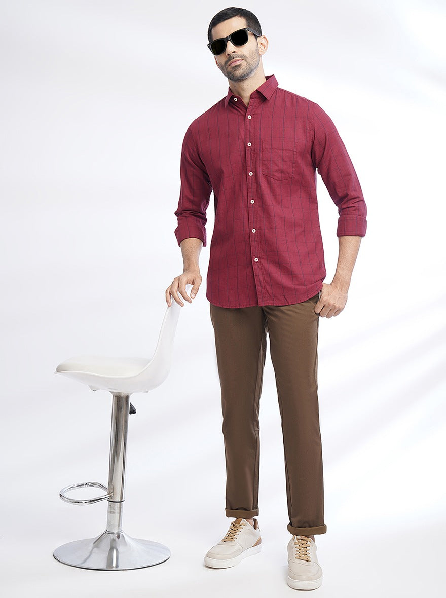 Maroon Checked Slim Fit Casual Shirt | JadeBlue