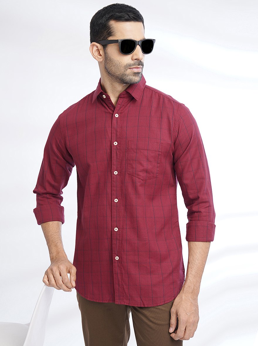 Maroon Checked Slim Fit Casual Shirt | JadeBlue