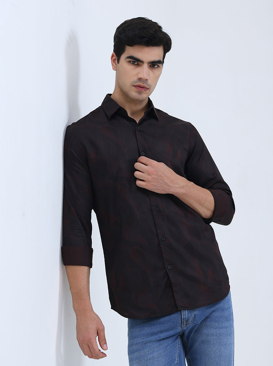 Brown Printed Slim Fit Casual Shirt | JadeBlue
