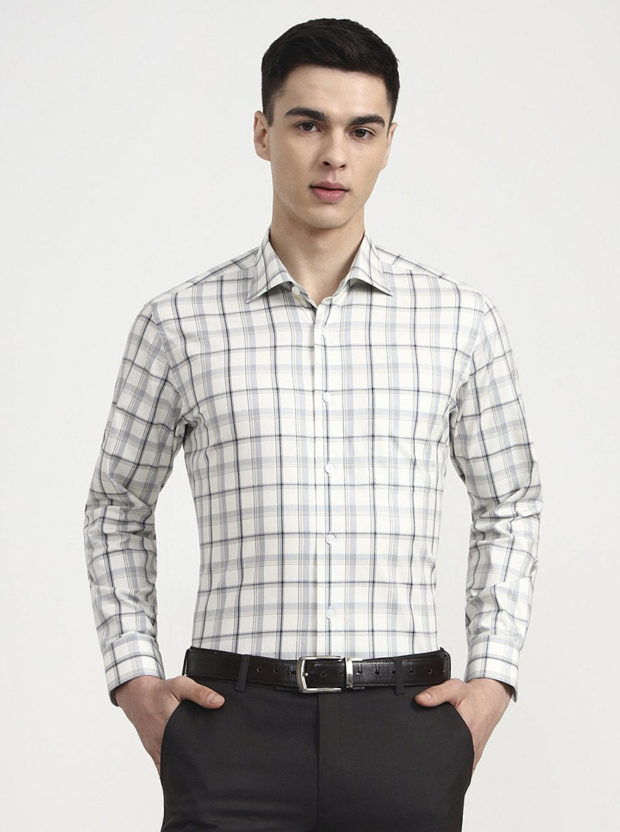 Cream & Grey Checked Slim Fit Formal Shirt | Metal