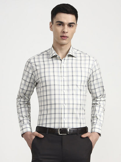 Cream & Grey Checked Slim Fit Formal Shirt | Metal