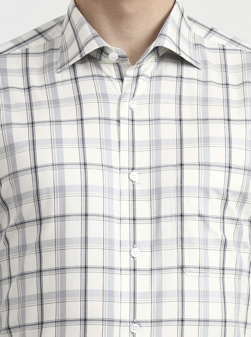 Cream & Grey Checked Slim Fit Formal Shirt | Metal