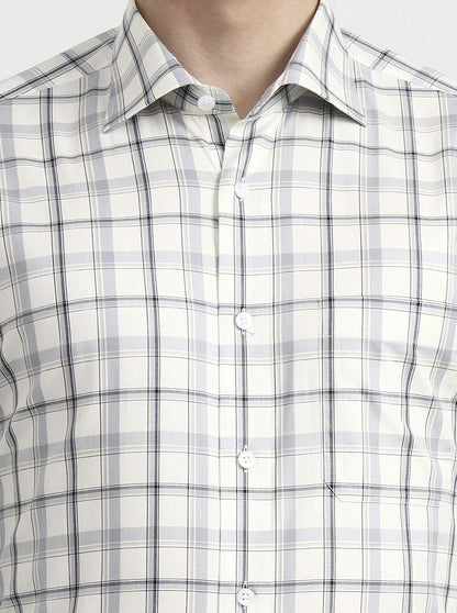 Cream & Grey Checked Slim Fit Formal Shirt | Metal