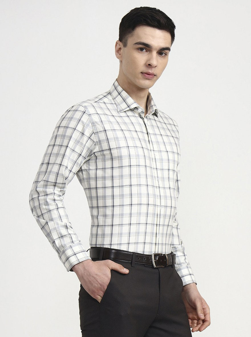 Cream & Grey Checked Slim Fit Formal Shirt | Metal