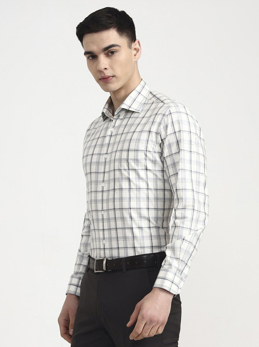 Cream & Grey Checked Slim Fit Formal Shirt | Metal