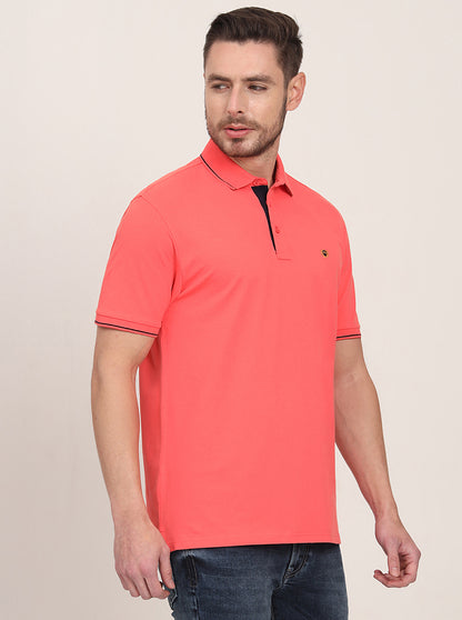 Coral Peach Solid Slim Fit Polo T-Shirt | JadeBlue