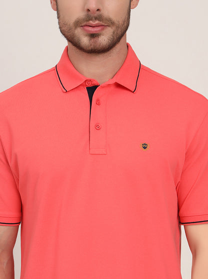 Coral Peach Solid Slim Fit Polo T-Shirt | JadeBlue